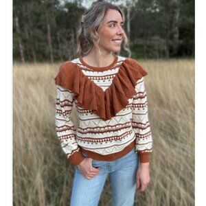 Blue b Collection Sweater Womens Medium Brown Fair Isle Ruffle Pullover Knit